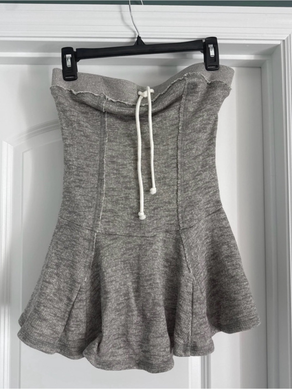Gray Knit Strapless Flared Skort Dress with Drawstring